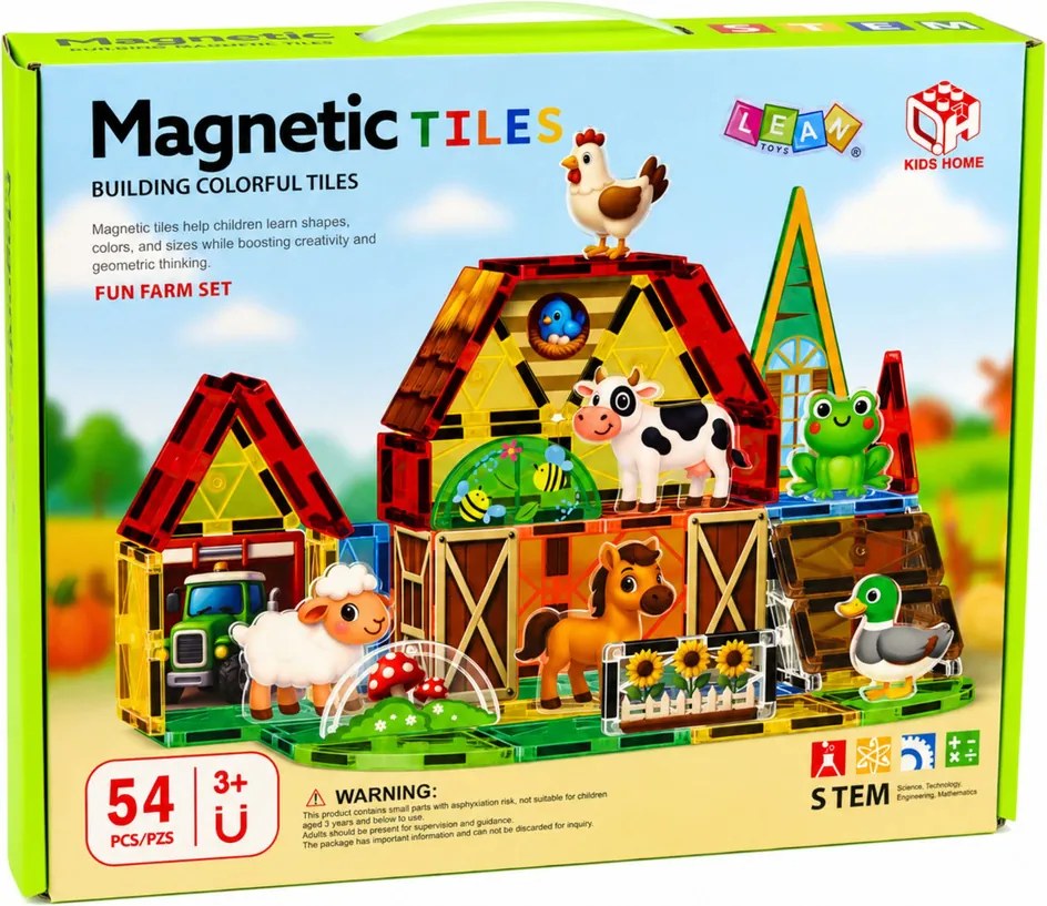LEAN Toys Magnetické stavebné kocky – domáce a hospodárske zvieratá, farma, 54 ks.