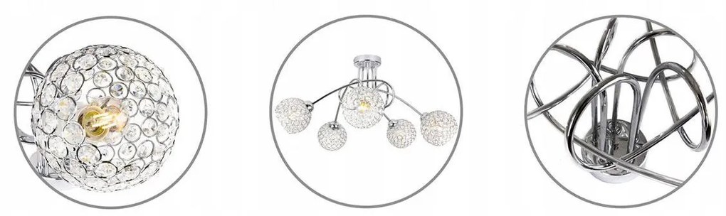 Stropné svietidlo Crystal, 5x strieborné krištáľové tienidlo, ch