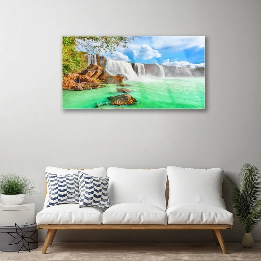 Skleneny obraz Vodopád jazero príroda 100x50 cm
