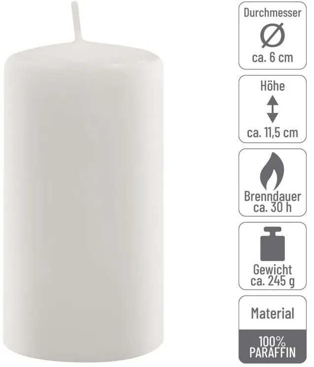 Sada stĺpových sviečok, 11,5 cm, Ø 6 cm, biela, 12 ks