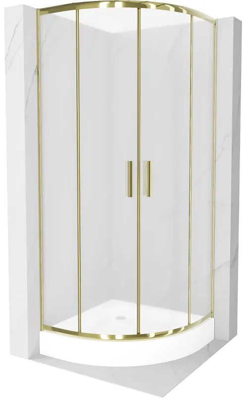 Mexen Rio, štvrťkruhový sprchovací kút s posuvnými dverami 90(dvere) x 90(dvere) x 190 cm, 6mm sklo námraza, zlatý profil + biela sprchová vanička RIO, 863-090-090-50-30-4710