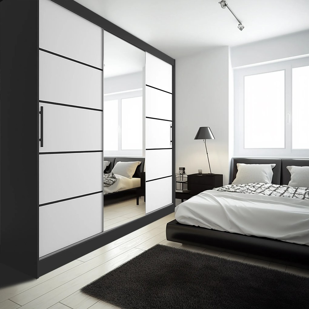 Šatníková skriňa 232 cm Belini čierny mat / biely mat s posunými dverami zrkadlom a zásuvkami MBP SZP8/0/1B/2W1L/0/KLP
