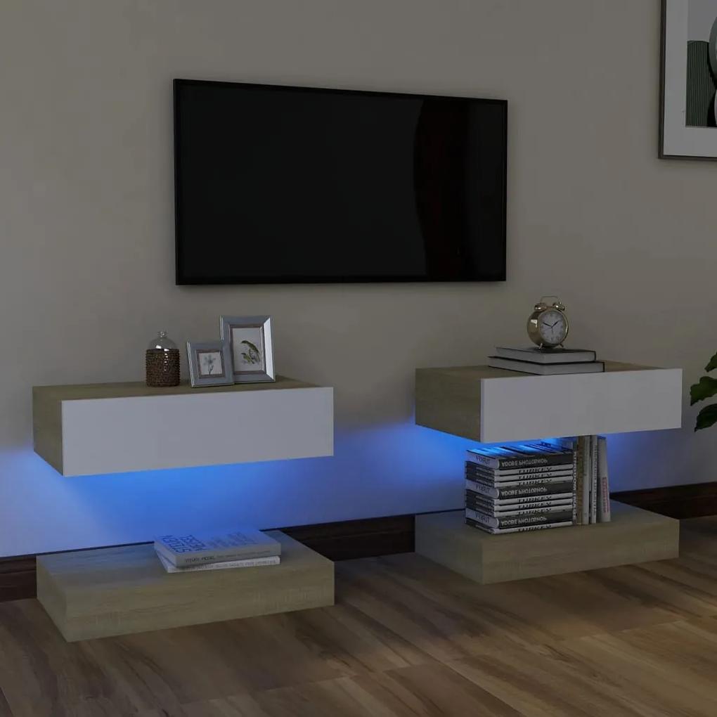 TV skrinky s LED svetlami 2 ks biele a dub sonoma 60x35 cm