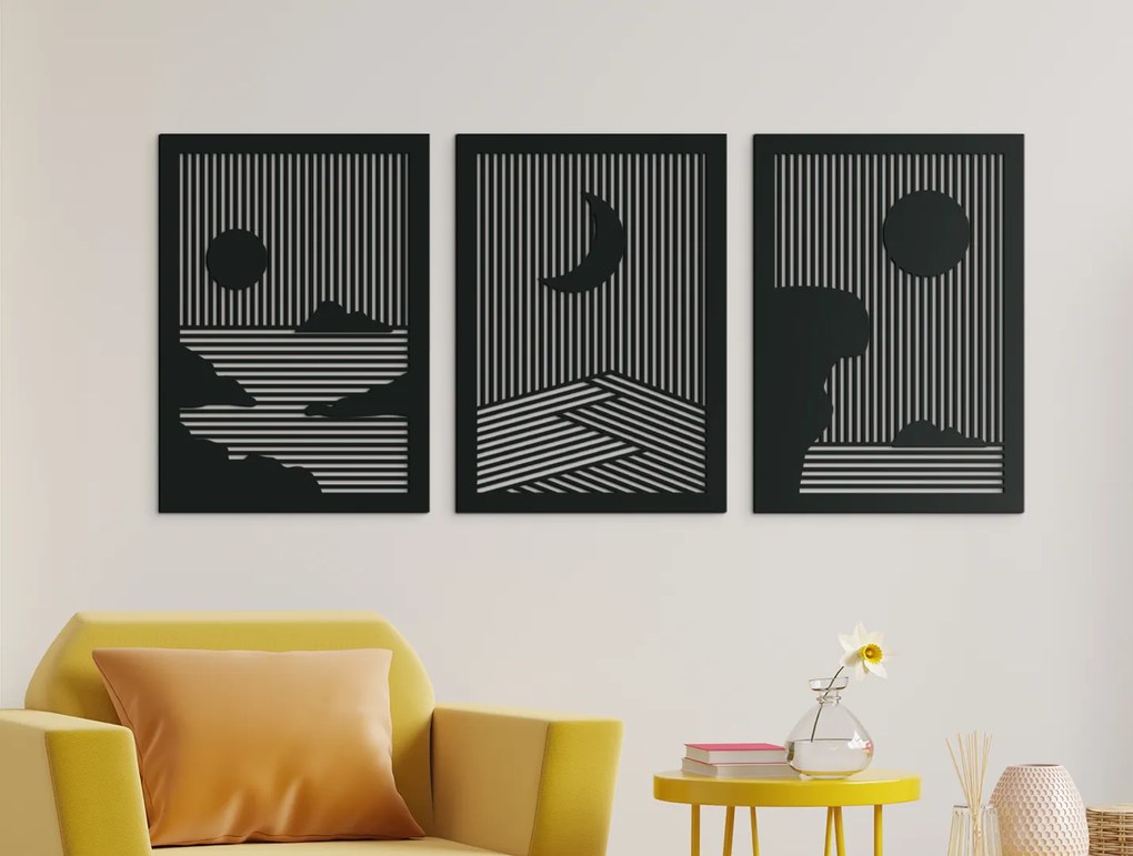 drevko Drevený viacdielny obraz Slnko a Mesiac Rozmer obrazu: 28,5 x 65 cm, Farba dekorácie: Čierna