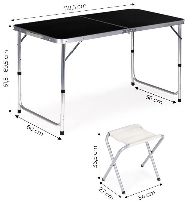 Skladací cateringový stôl 119,5x60 cm čierny so 4 stoličkami