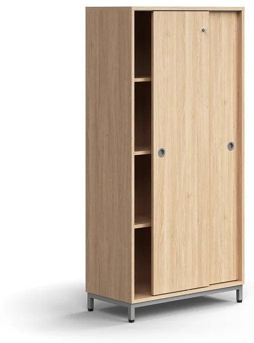 Skriňa s posuvnými dverami QBUS, 3 police, na nožičkách, s madlom, 1636x800x400 mm, strieborná, dub