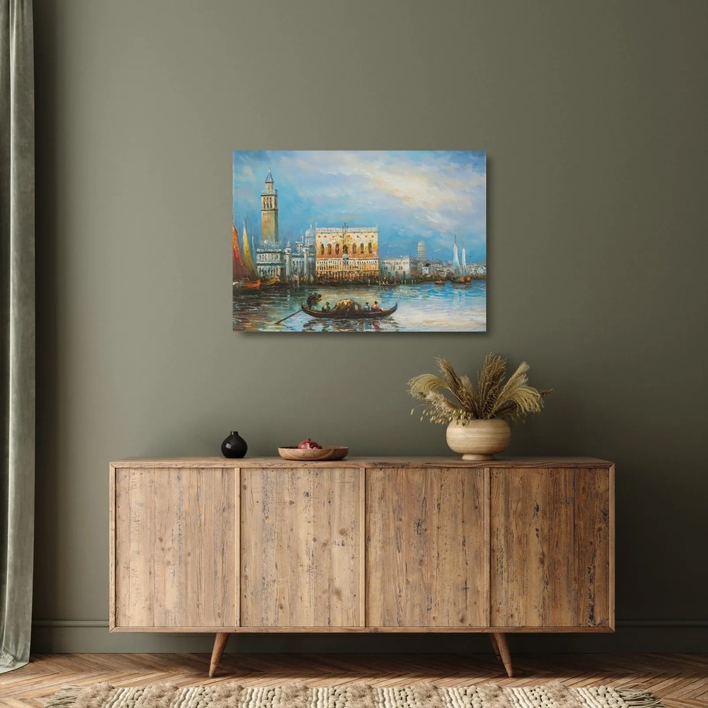 Sklenený obraz - Gondola prechádzajúca Benátkami, olejomaľba (70x50 cm)
