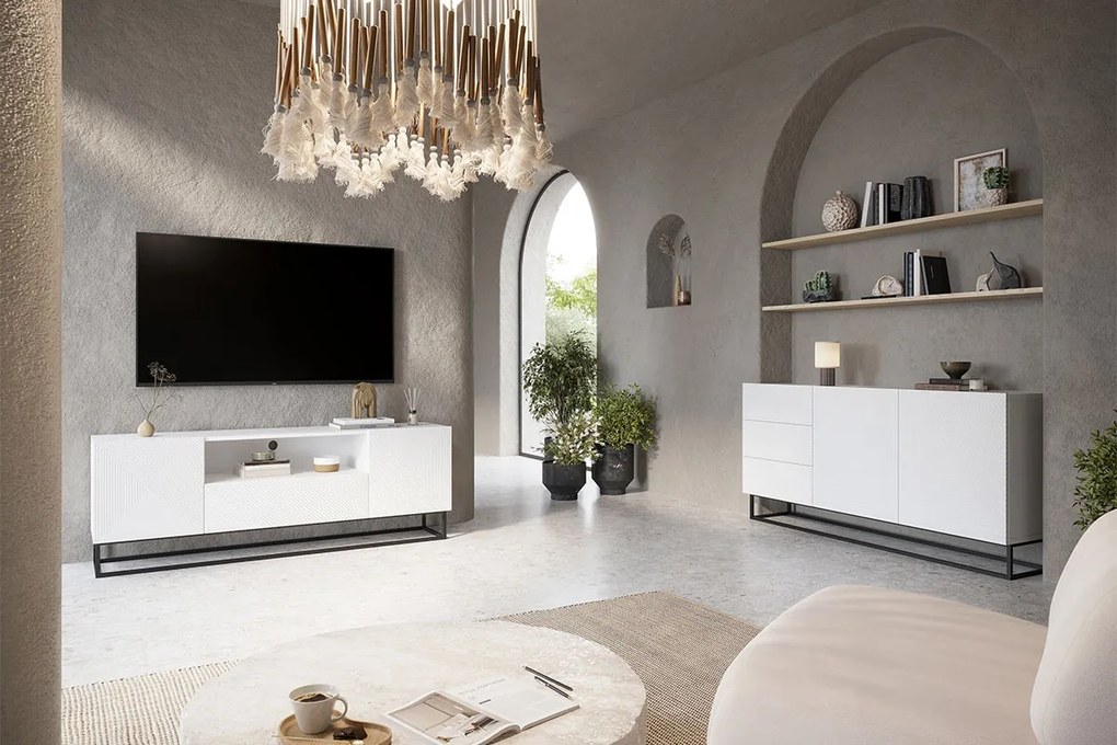 Biela komoda Asha 167 cm s dvomi dverami a zásuvkami - matný biely / čierny rám