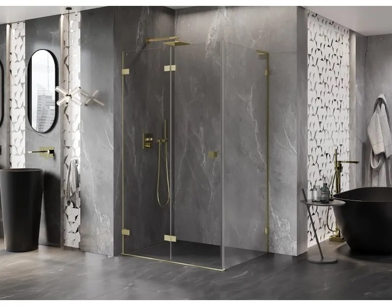 Mexen Lunar-F L, 1-krídlový sprchový kút so skladacími dverami, ľavý, 85 x 80 cm, 8mm číre sklo, zlatý matný profil, 836L-085-080-55-00-L