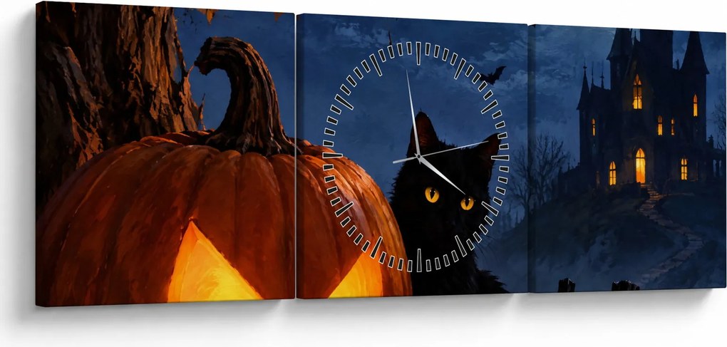 Obraz - Čierna mačka pri svietiacej tekvici na Halloween (s hodinami) (90x30 cm)