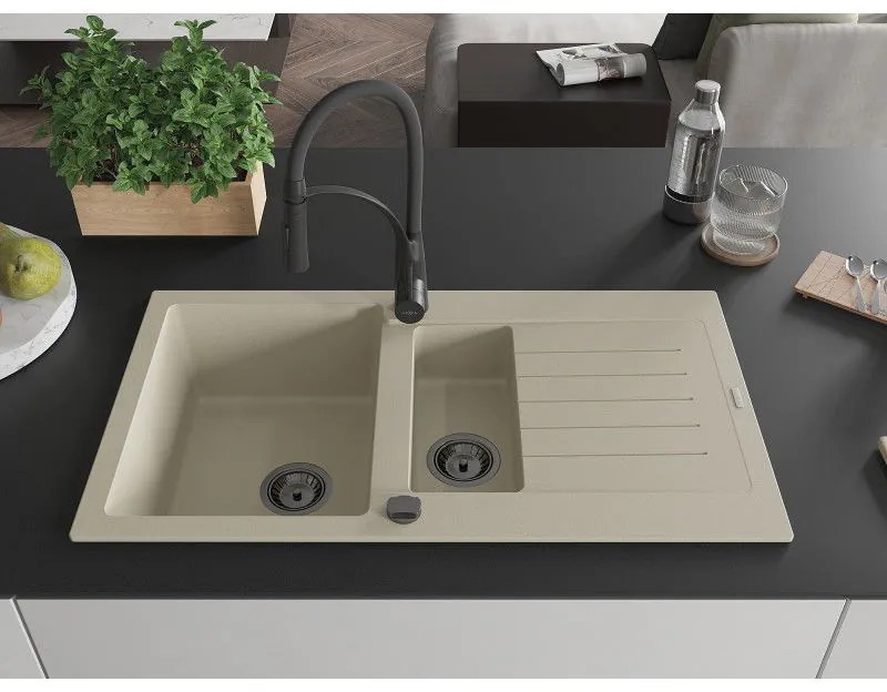 Mexen Matias, granitový drez 900x505x200 mm, 1,5-komorový a drezová batéria Aster, béžová, 6502-69-73450-70-B