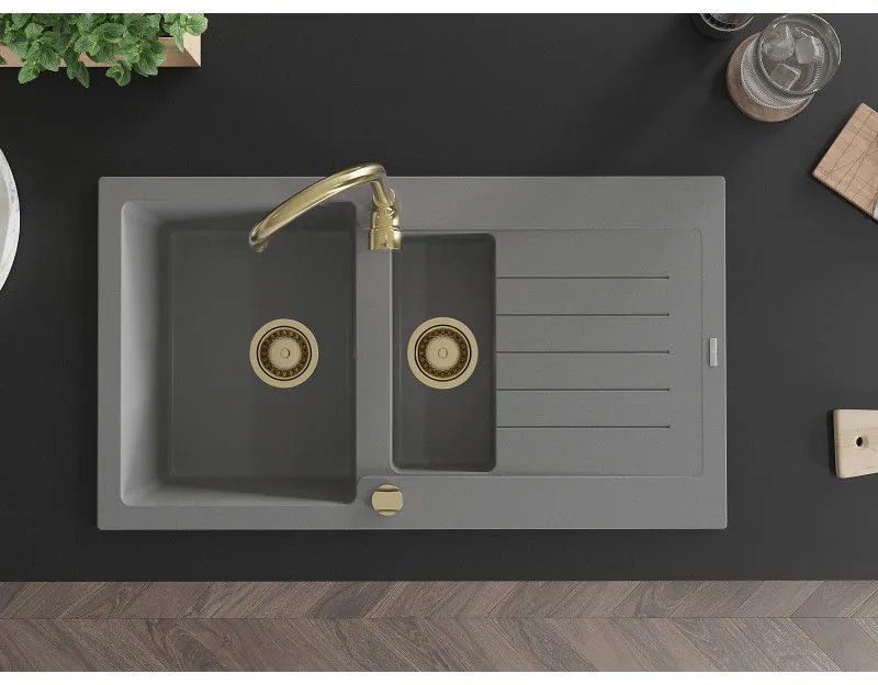 Mexen Matias - drez granitový 900x505x200 mm, 1,5-komorový, šedá so zlatým sifónom, 6502901505-71-G