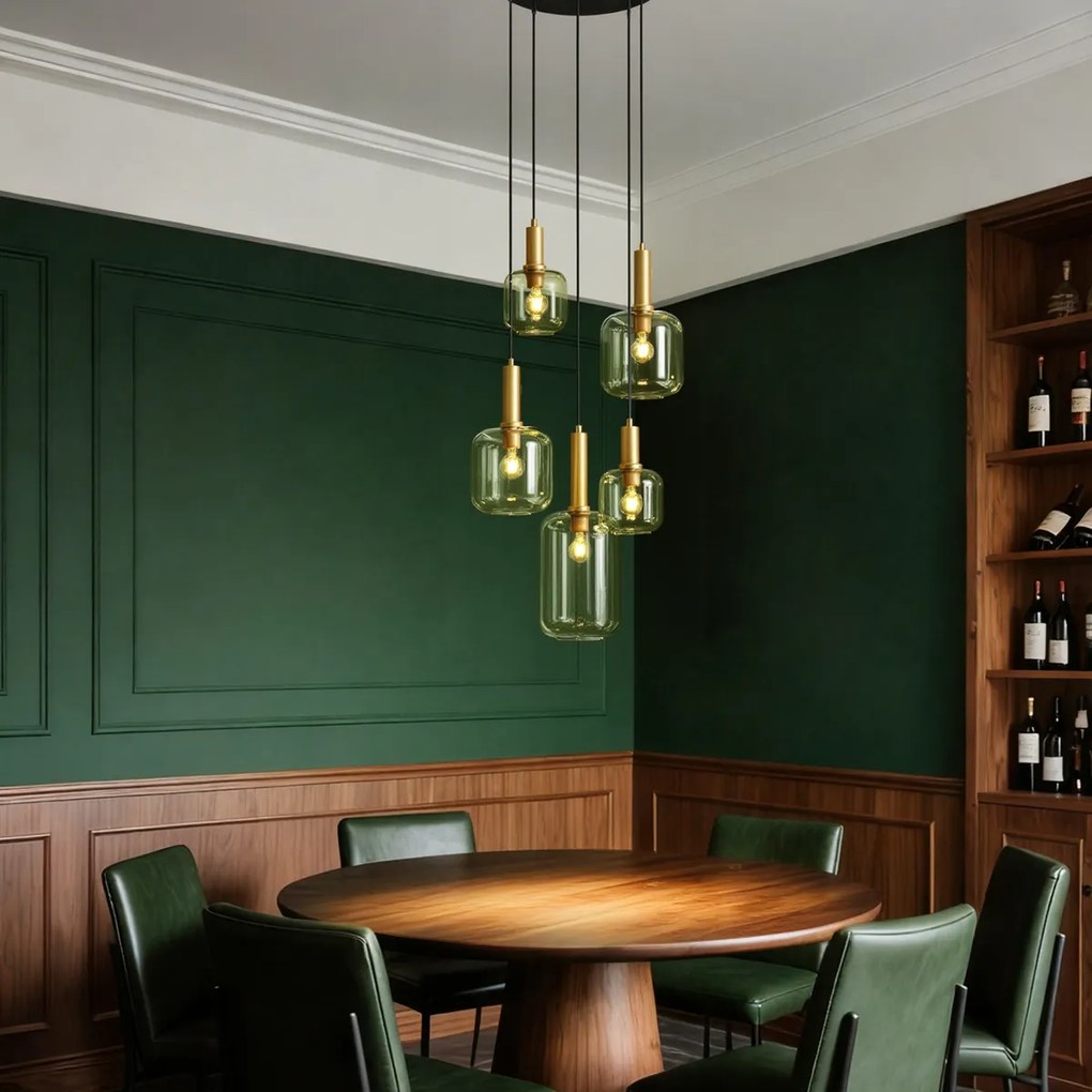 Hotelová elegantná závesná lampa čierna a zlatá so zeleným sklom 5-svetiel - Zuzanna