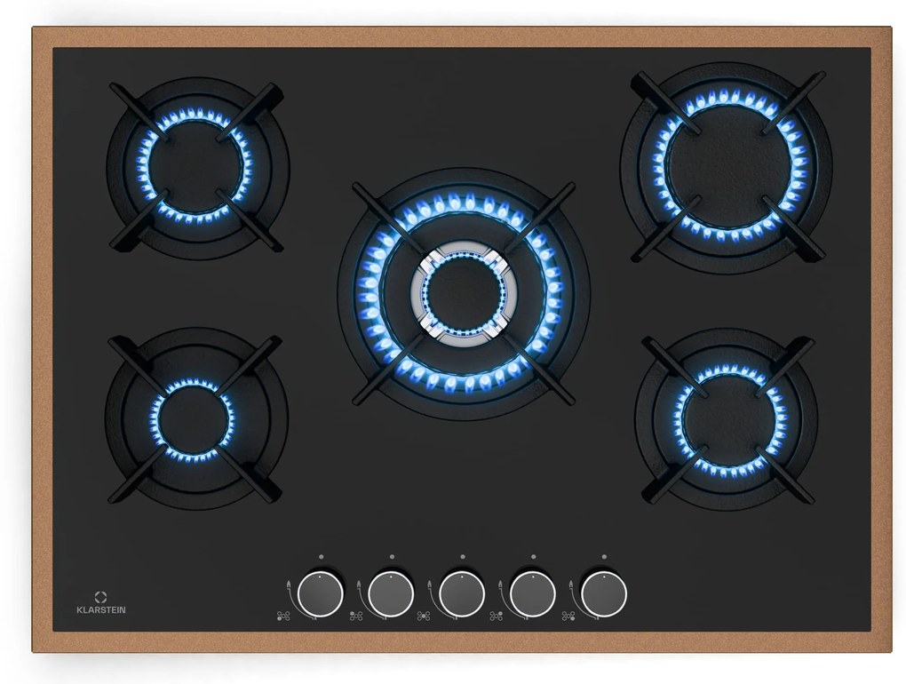 Klarstein Lumiflame plynová varná doska, 5 horákov, medený rám, elektrické zapaľovanie, výkon 10,4 kW