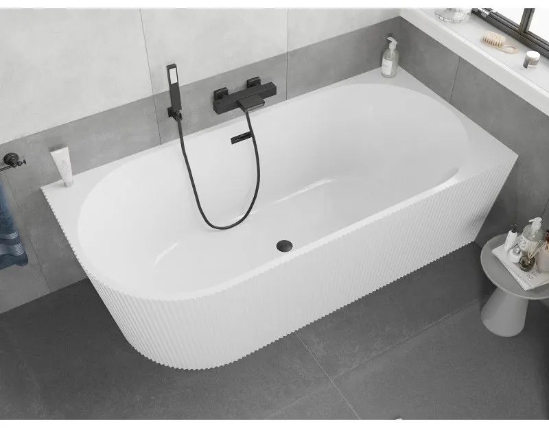 Mexen Silo, rohová voľne stojaca ryhovaná vaňa, pravá, 170 x 80 cm, biela lesklá, čierny matný prepad, 52891708000P-70