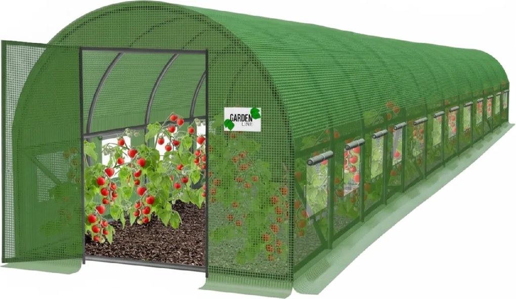 Garden Line 12-segmentový zelený fóliový záhradný tunel 12 x 5 x 2 m s dverami na pántoch