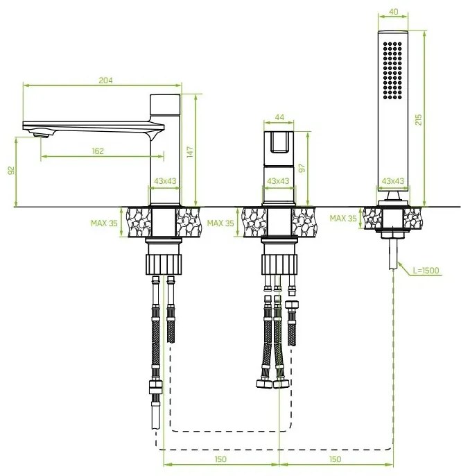 Laveo Tores, 3-otvorová vaňová batéria, grafitová, LAV-BVT_913D