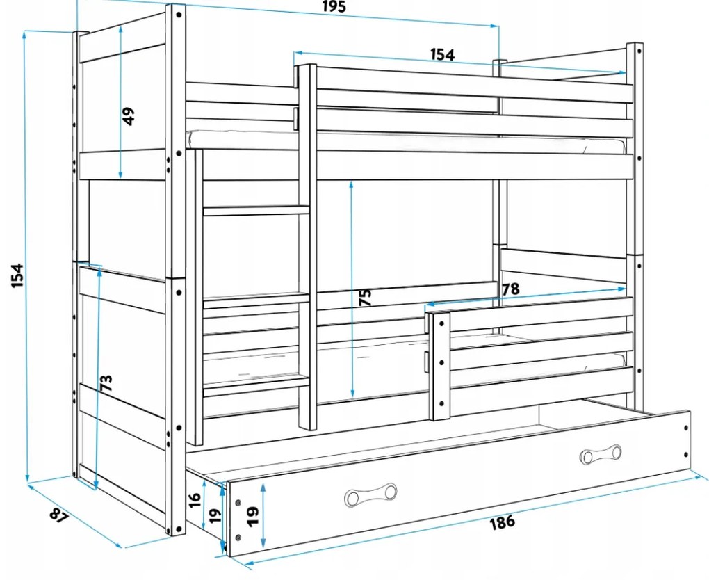 Interbeds Rico poschodová posteľ 160cm x 80cm borovicové drevo bielo-modrá