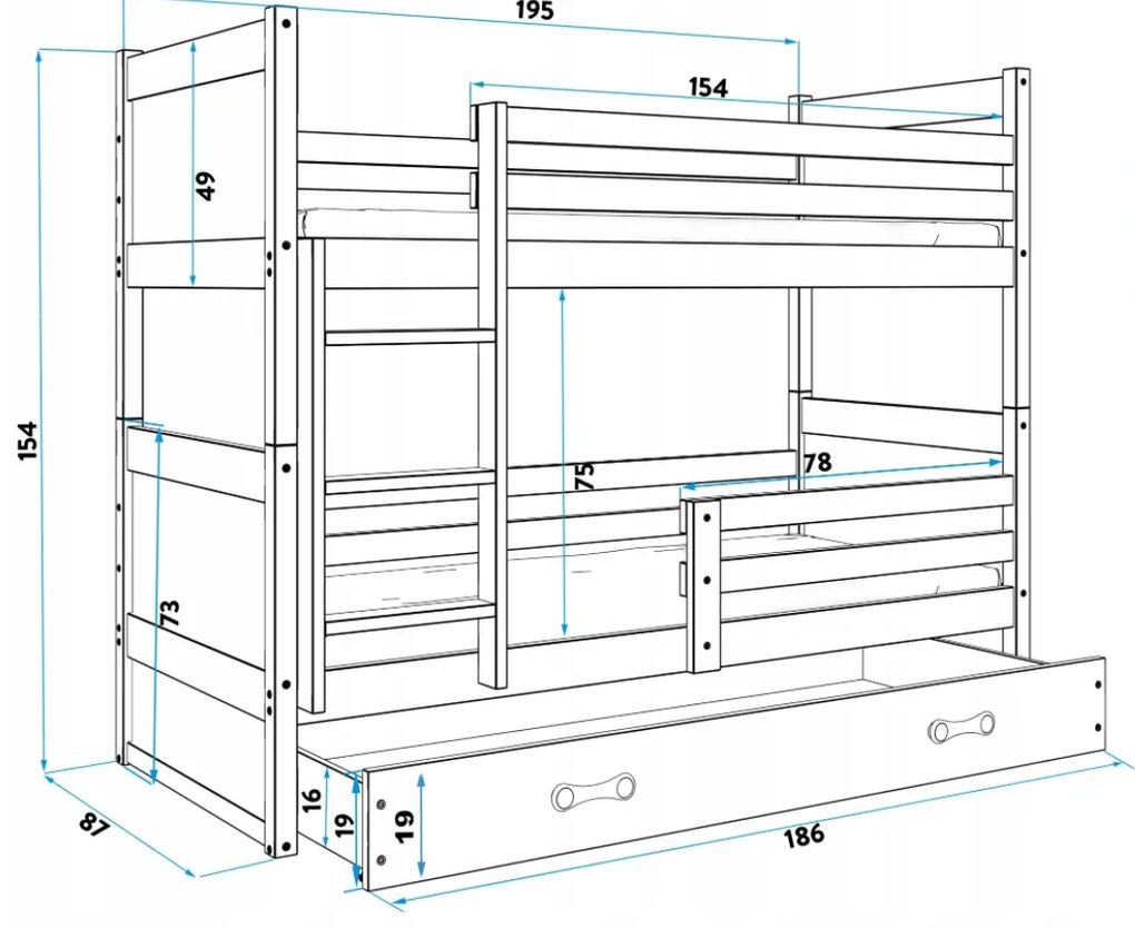 Interbeds Rico poschodová posteľ 190cm x 80cm borovicové drevo Prírodná-modrá