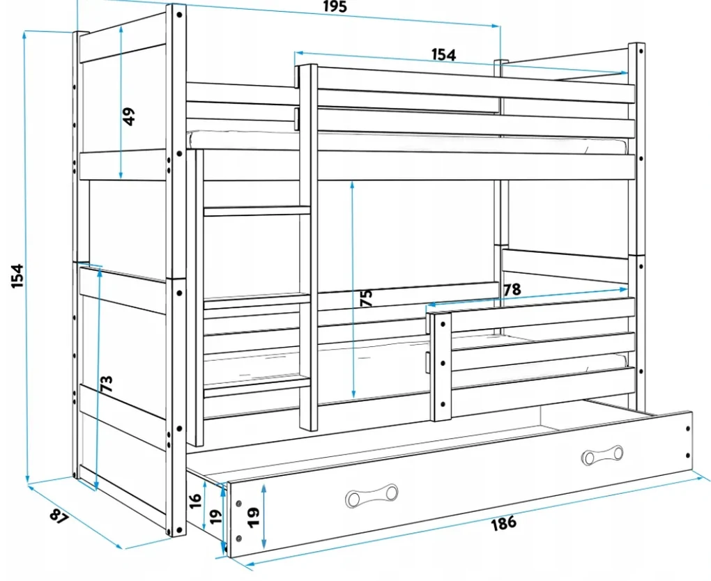 Interbeds Rico poschodová posteľ 190cm x 80cm borovicové drevo Prírodná-modrá