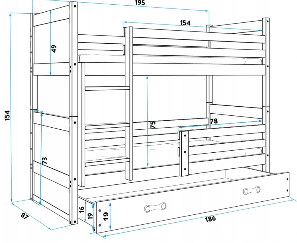 Interbeds Rico poschodová posteľ 190cm x 80cm borovicové drevo sivo-biela