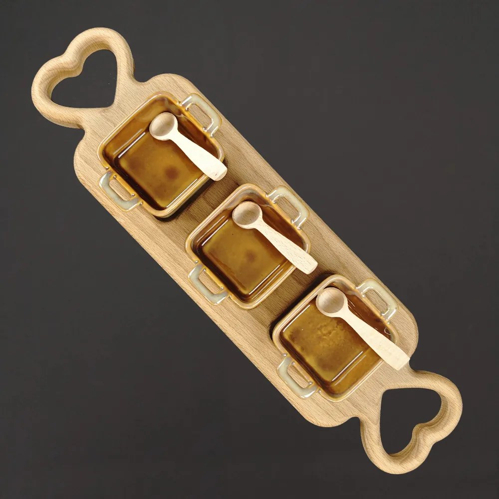 AMADEA 46240 Podnos 3 keramické misky a drevené lyžičky 43cm drevená dekorácia