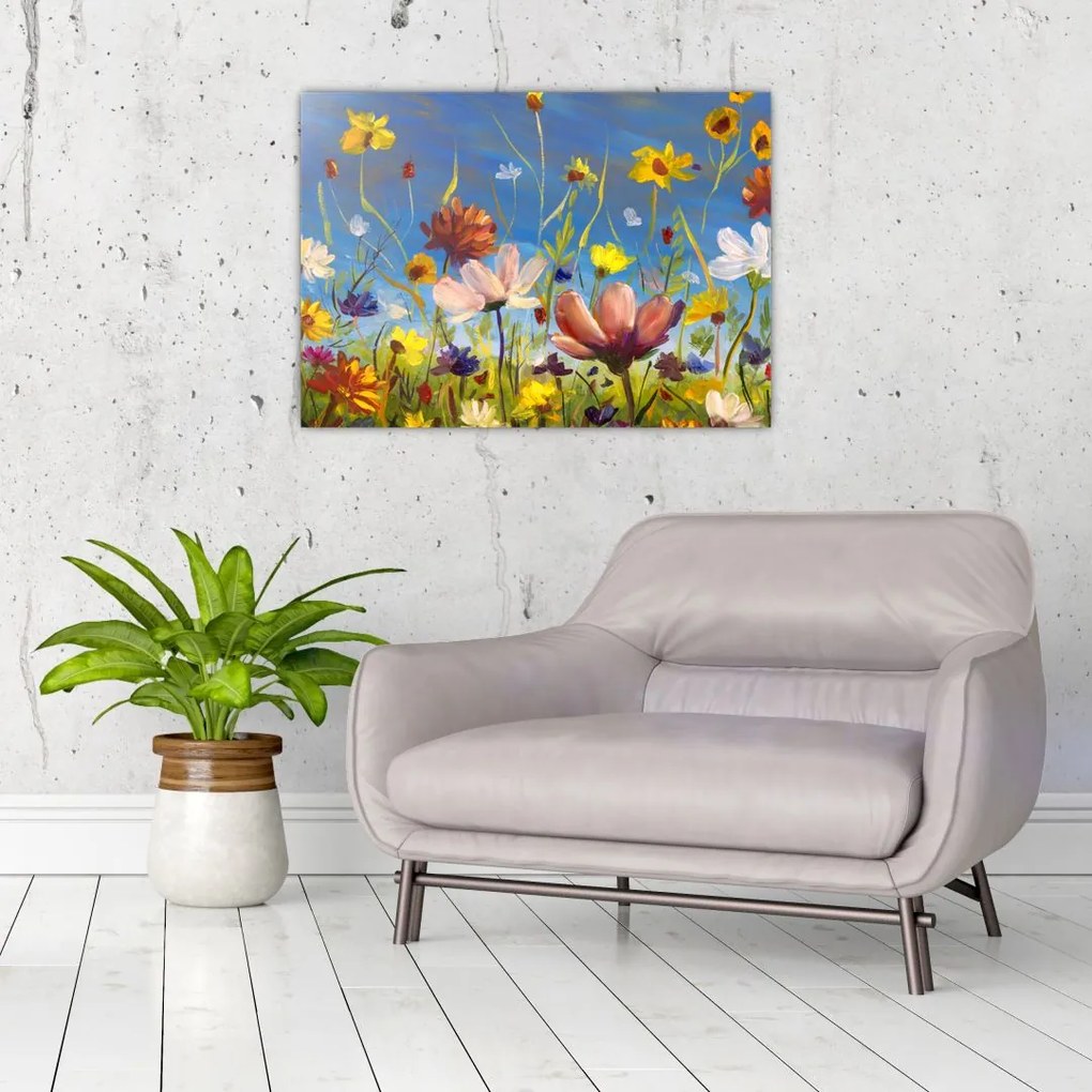 Maľovaný sklenený obraz rozkvitnutej lúky (70x50 cm)