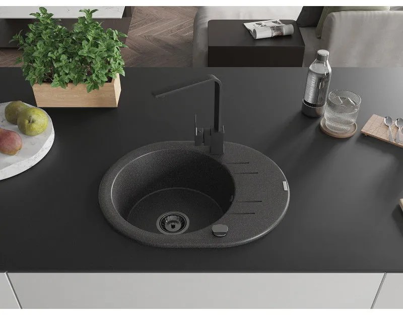 Mexen Kevin, drez granitový 586x458x190 mm, 1-komorový a čierna matná batéria Rita, čierna škvrnitá, 6517-76-670300-76