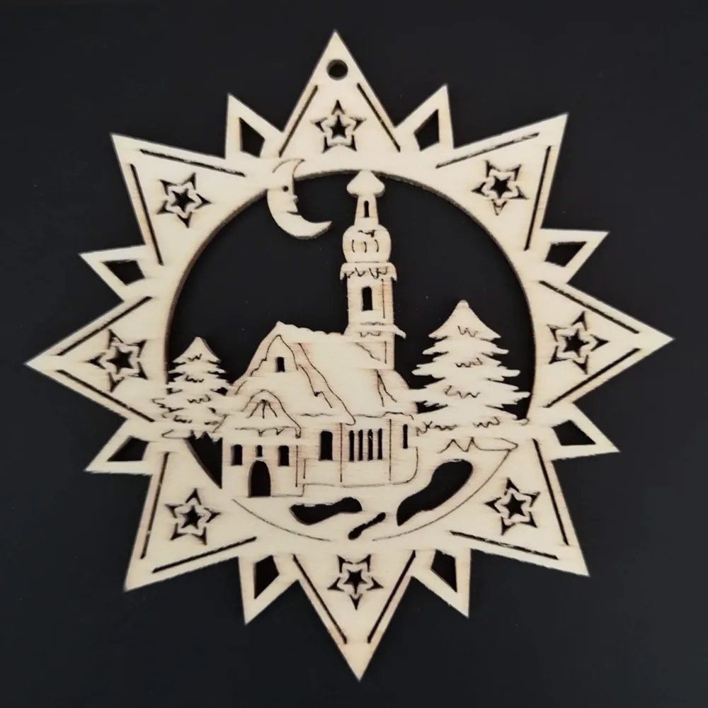 AMADEA Drevená ozdoba hviezda s kostolom 9 cm