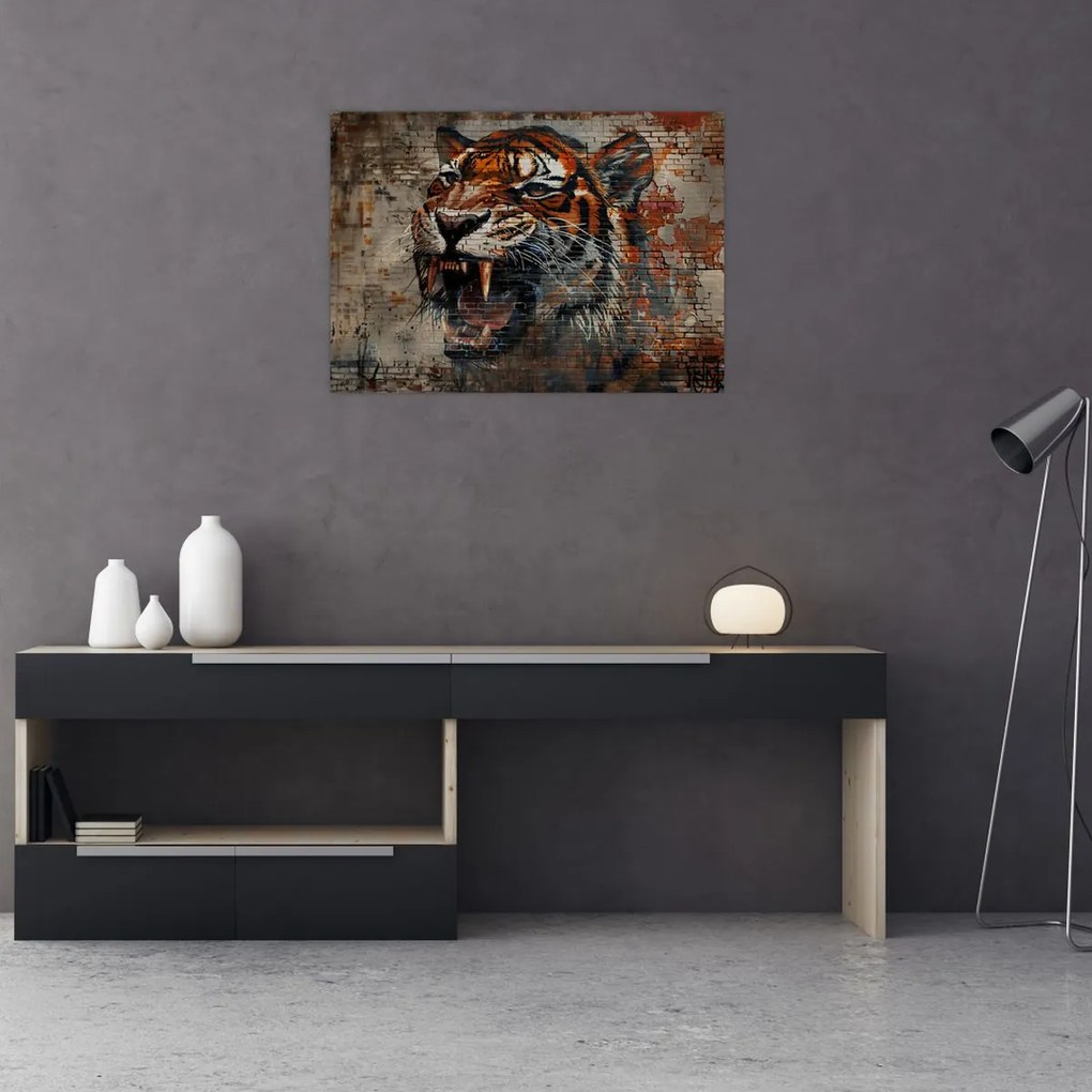 Sklenený obraz - Tiger z tehál (70x50 cm)