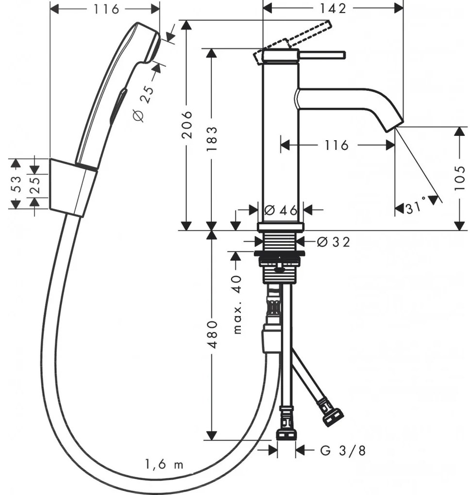 Hansgrohe Tecturis S - Páková umývadlová batéria 110 s ručnou sprchou Bidette, čierna matná 73211670