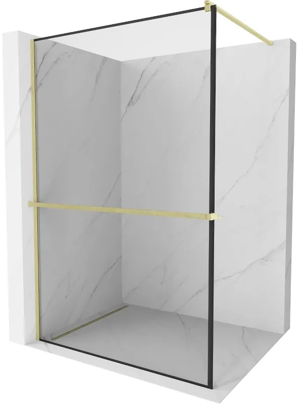 Mexen Kioto+, sprchová zástena Walk-In s poličkou a vešiakom 80 x 200 cm, 8mm číre sklo čierny vzor, zlatý matný profil, 800-080-121-55-70