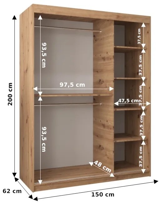 Šatníková skriňa 150 cm Toki 1 (Biela matná + Dub artisan). Vlastná spoľahlivá doprava až k Vám domov. 1064903