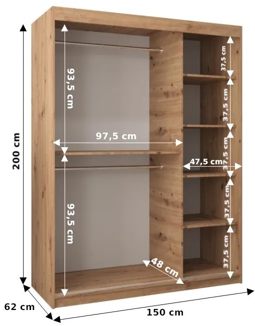 Šatníková skriňa 150 cm Toki 1 (Dub artisan + Biela matná). Akcia -63%. Vlastná spoľahlivá doprava až k Vám domov. 1064909