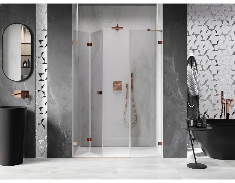 Mexen Lunar-F, ľavé sklápacie sprchové dvere 110 cm, 8mm číre sklo, ružové zlato profil, 836S-110-050-60-00-L