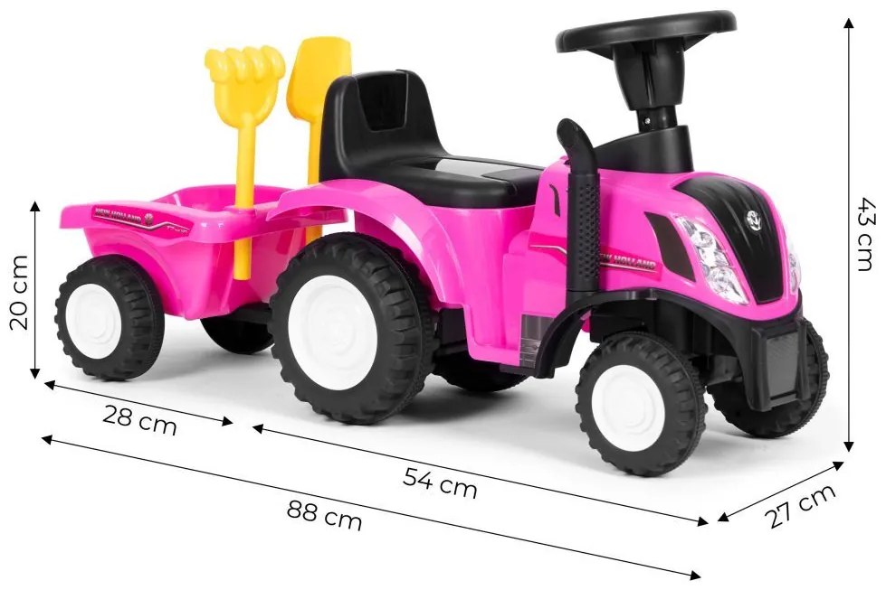 Ružový traktor NEW HOLLAND s vlečkou a náradim