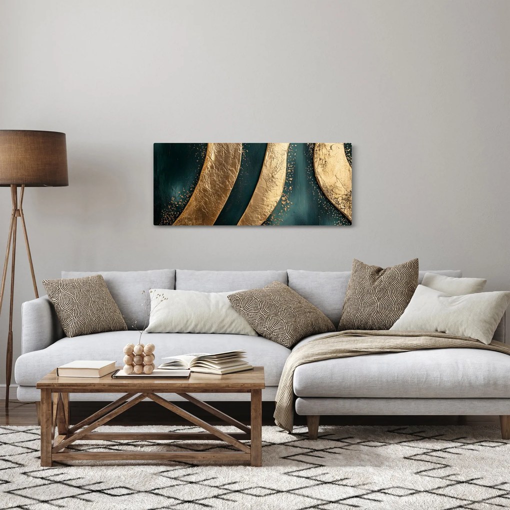 Obraz - Zelená abstrakcia so zlatom I. (120x50 cm)