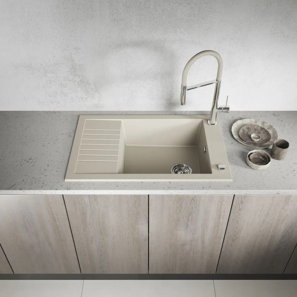 Laveo Pionier, 1-komorový granitový drez 780x500x207 s krátkym odkvapávačom, béžová, LAV-SBR_413T