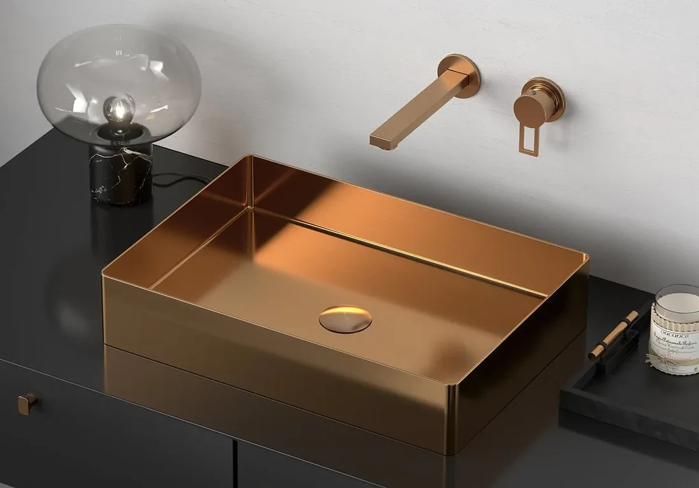 Sapho Sapho, AURUM nerezové umývadlo na dosku, priemer 38cm, vrátane odtoku, tepaný kov, meď mat, AU301-T