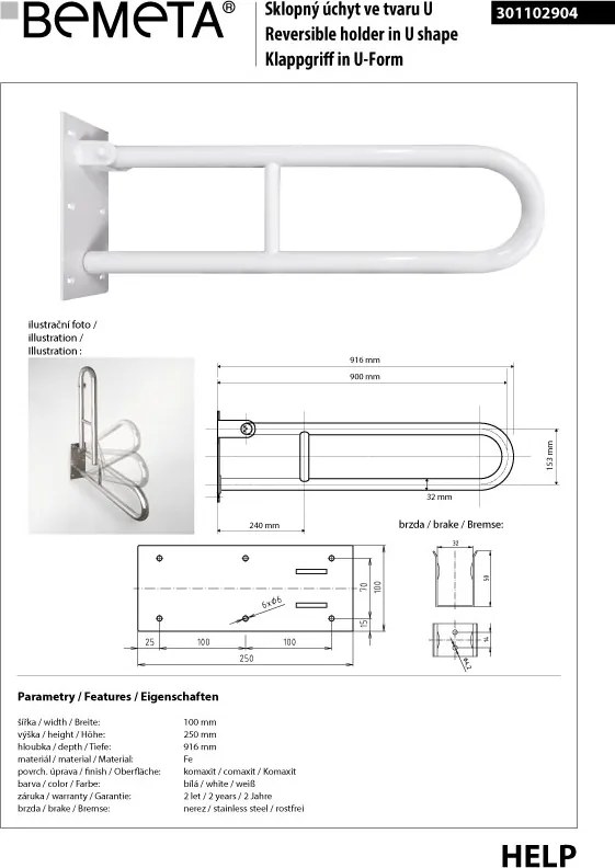 Bemeta Design HELP: Madlo, 900 mm, v tvare U, sklopné, bez krytky, biela - 301102904