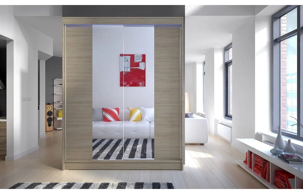 Skriňa s posuvnými dverami Belgia II, Farby: biela / čierna + zrkadlo, Osvetlenie: osvetlenie LED RGB - farebné