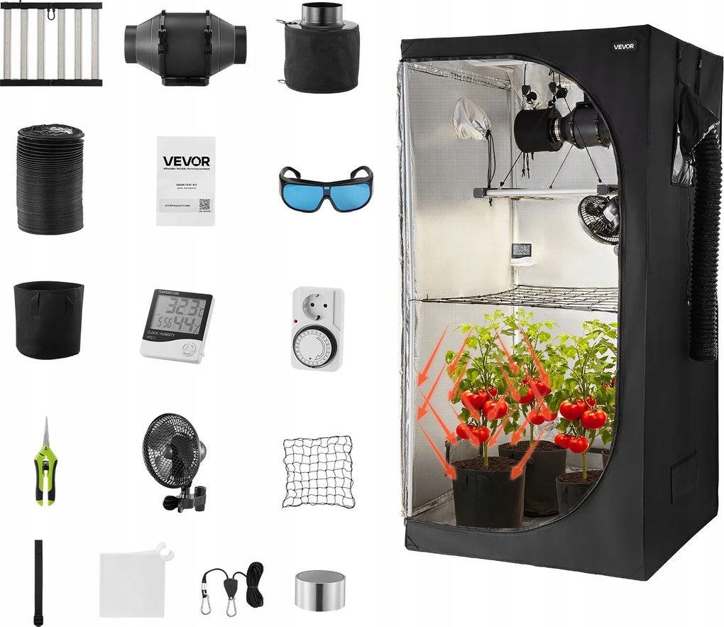 Vevor Stan na rastliny Oxford tkanina 600D 100x100x200CM s lampou na pestovanie