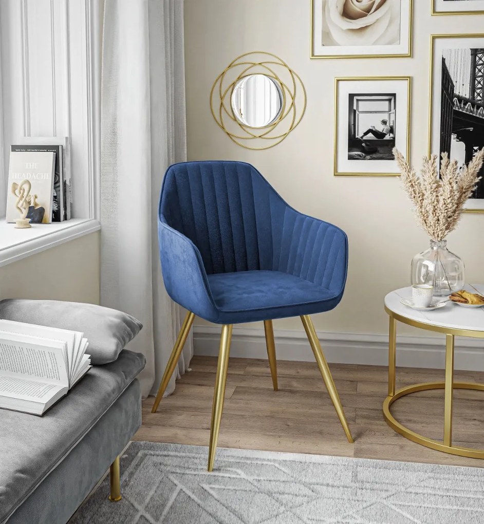 ČALÚNENÁ STOLIČKA NIKA MODRÁ ZAMAT + ZLATÁ