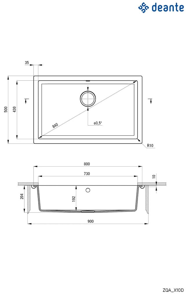 Deante Corda, granitový drez pod dosku 800x500x204 mm, 3,5" + priestorovo úsporný sifón, 1-komorový, biela, ZQA_A10D