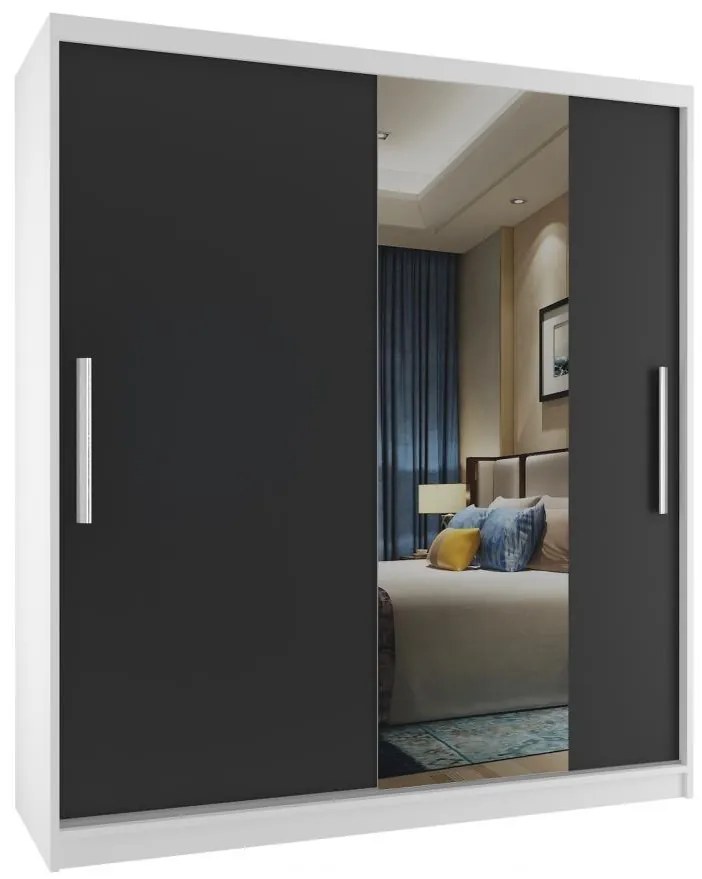 Šatníková skriňa 133 cm Belini biely mat / čierny mat s posuvnými dverami a zrkadlom  MSE SZP2/2/W/1B1L/AL