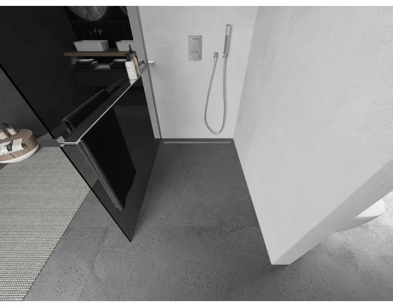 Mexen Kioto+, sprchová zástena s poličkou a držiakom na uteráky 110 x 200 cm, 8mm šedé sklo, chrómový profil, 800-110-121-01-40