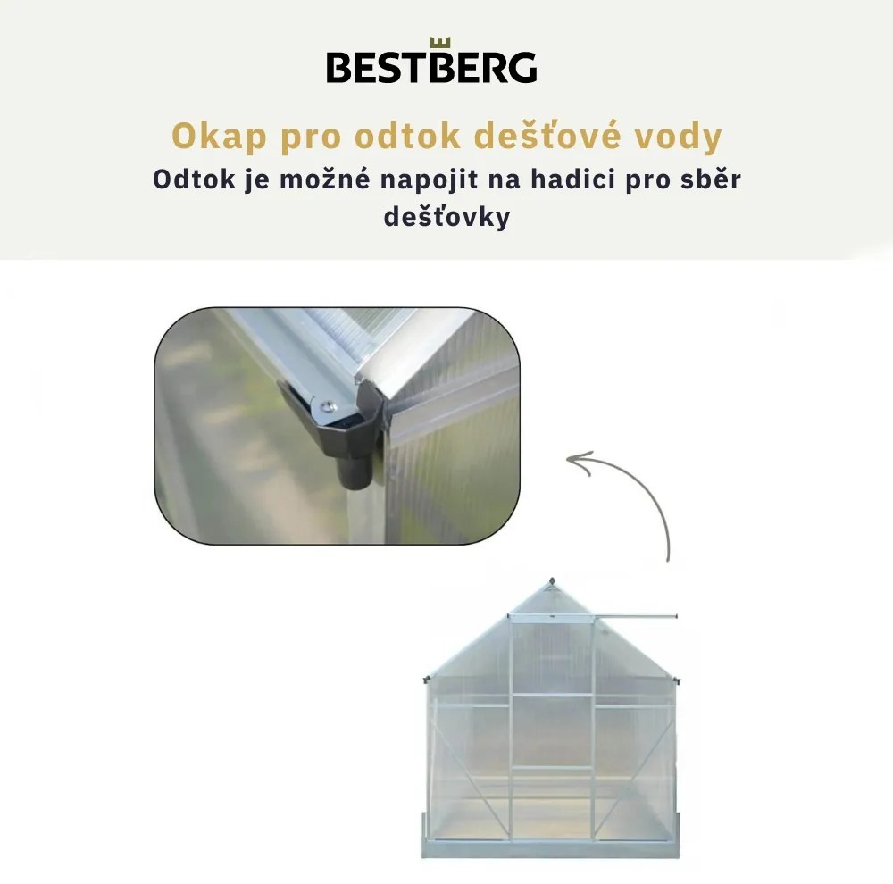 Skleník so základňou BestBerg SH-7 / 7 m² / 190 x 371 x 207 cm / strieborná