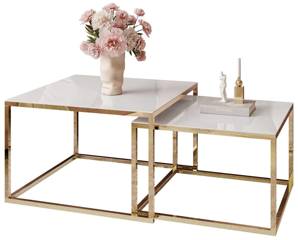 Dizajnový konferenčný stolík FELIX 2v1 biele sklo + zlatý chróm