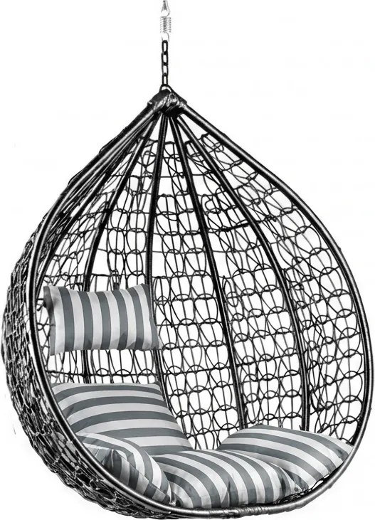 Čierne závesné kreslo KOKON bez stojana, bielo-sivý vankúš