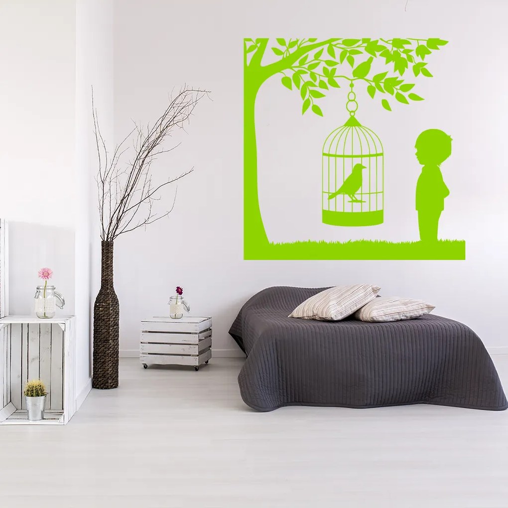 Veselá Stena Samolepka Vtáčik v klietke na strome Farba: zelená, Veľkosť: 60 x 60 cm
